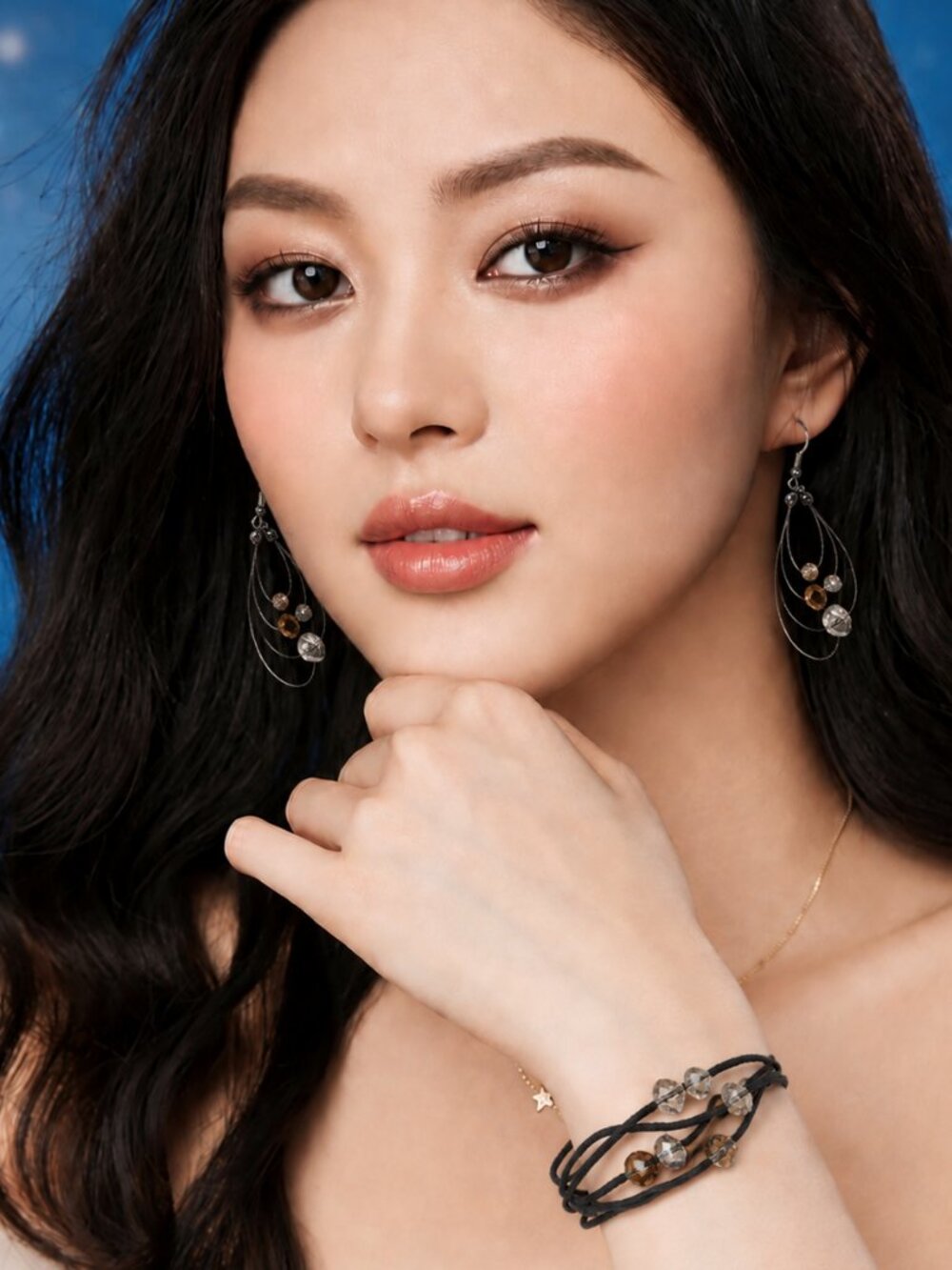 Bronze & Smoky Crystals Adjustable Bracelet and Dangle Earrings Set